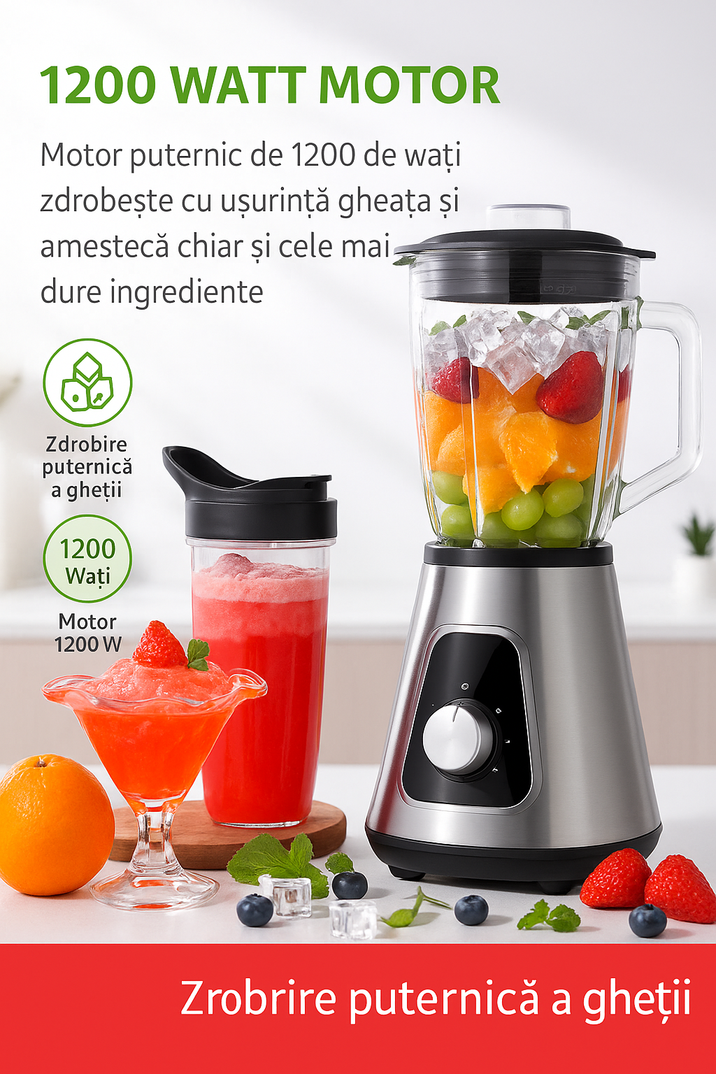 Smoothie Blender , 1500ML,  22 OZ , Sticla + Inox,  1200W - Gdor